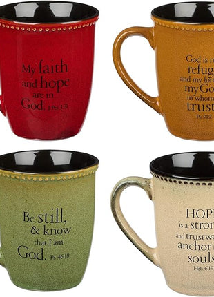 Christian Art Gifts Set of Four Rustic Stoneware Coffee/Tea Mugs w/Bible Verses Sage Green, Ivory, Paprika Red, Pumpkin Orange Inspirational Coffee/Tea Cup for Men and Women