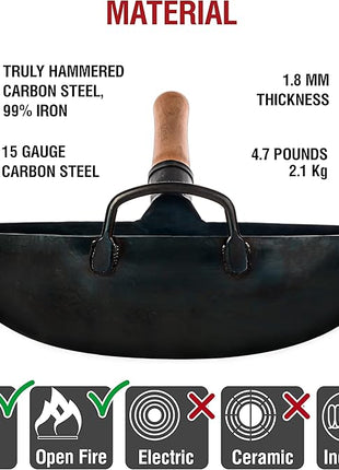 YOSUKATA 14” Round Bottom Carbon Steel Wok Pan – Blue Pre-Seasoned Pow Wok for Stir Fry, BBQ & Camping – Traditional Japanese & Chinese Cookware – Compatible with Gas Stoves & Open Fire Only