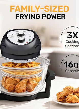 Big Boss 16Qt Extra Large Glass Air Fryer Non Toxic – Family Sized 4 in 1 Cooker with 3 Cooking Sections, Stainless Steel Racks for French Fries, Chicken, No Preheat, Self Cleaning, Dishwasher Safe