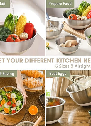 Umite Chef Mixing Bowls with Airtight Lids, 6 piece Stainless Steel Metal Nesting Storage Bowls, Non-Slip Bottoms Size 7, 3.5, 2.5, 2.0,1.5, 1QT, Great for Mixing & Serving (Khaki)