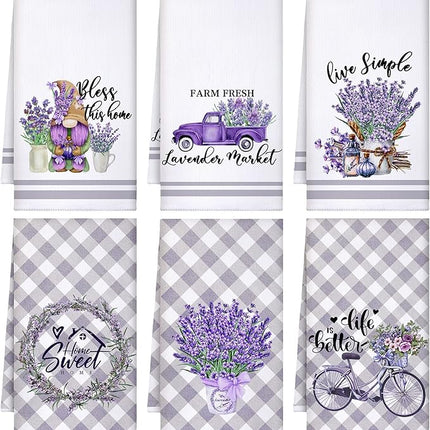 Set of 6 Lavender Kitchen Towels Purple Floral Dishtowels Rustic Absorbent Purple Tea Hand Towels 24 x 16 Inches Lavender Lover Gifts for Farmhouse Kitchen Bathroom Accessories Decorations