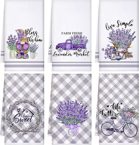 Set of 6 Lavender Kitchen Towels Purple Floral Dishtowels Rustic Absorbent Purple Tea Hand Towels 24 x 16 Inches Lavender Lover Gifts for Farmhouse Kitchen Bathroom Accessories Decorations