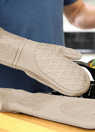 BPA-Free Silicone Oven Mitts Ultra Heat Resistant up to 500°F - Oven Mitts with Thick Cotton Liner - Long Slip Resistant Pot Holders, Flexible Oven Gloves - Beige 14.7