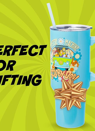 Silver Buffalo Scooby Doo Mystery Machine Featuring Shaggy, Velma, Fred and Daphne Stainless Steel Tumbler with Handle and Straw, Fits in Standard Cup Holder, 40 Ounces