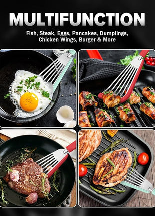 Silicone Fish Spatula Turner Set of 2, Thin Slotted Spatulas Turner for Nonstick Cookware,Heat Resistant Flexible Stainless Steel Kitchen Cooking Spatula Flipper for Fish, Egg, Pancake (RGN)