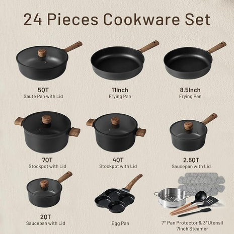 CAROTE 24Pcs Nonstick Kitchen Cookware Sets, Non stick Pots and Pans set, Induction Cookware Set Black