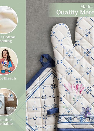 Maison d' Hermine 100% Cotton Oven Mitt & Pot Holder Set (7.5"x13" & 8"x8") Heat Resistant BBQ Cooking Gloves with Loop, Baking, Grilling, Kitchen, Handling Hot Pans Spring/Summer (Faience)