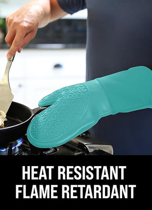 BPA-Free Soft Silicone Oven Mitts - Ultra Heat Resistant Oven Mitts with Thick Cotton Liner - Long Slip Resistant Pot Holders, Flexible Oven Gloves - Turquoise 13.7"