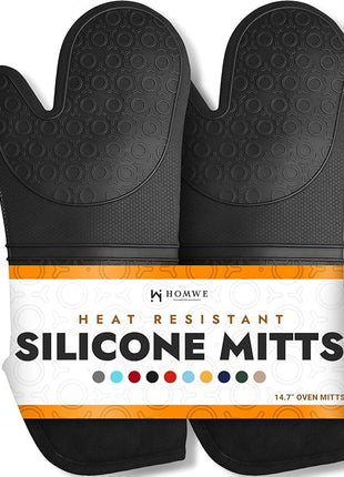 BPA-Free Silicone Oven Mitts Ultra Heat Resistant up to 500°F - Oven Mitts with Thick Cotton Liner - Long Slip Resistant Pot Holders, Flexible Oven Gloves - Black 14.7