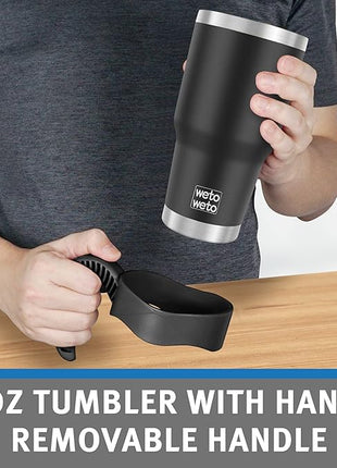 WETOWETO 30oz Insulated Tumbler With 2 Lids and 2 Straws, Stainless Steel Double Vacuum Coffee Tumbler Cup with Handle, Powder Coated Travel Mug for Home, Office, Travel, Party (Black, 1 Pack)