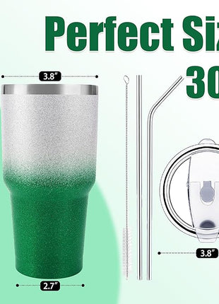 D·S 30 oz Tumbler Christmas Green Glitter Gradient Cup Stainless Steel Double Wall Vacuum Insulated Mug with Straw and Lid, Cleaning Brush for Cold and Hot Beverages