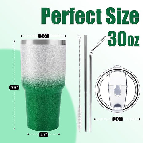 D·S 30 oz Tumbler Christmas Green Glitter Gradient Cup Stainless Steel Double Wall Vacuum Insulated Mug with Straw and Lid, Cleaning Brush for Cold and Hot Beverages