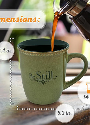 Christian Art Gifts Sage Green Stoneware Coffee Mug – 13 oz. Microwave and Dishwasher-safe Lead-free Inspirational Scripture Coffee and Tea Mug for Men & Women with Bible Verse: Be Still – Psalm 46:10