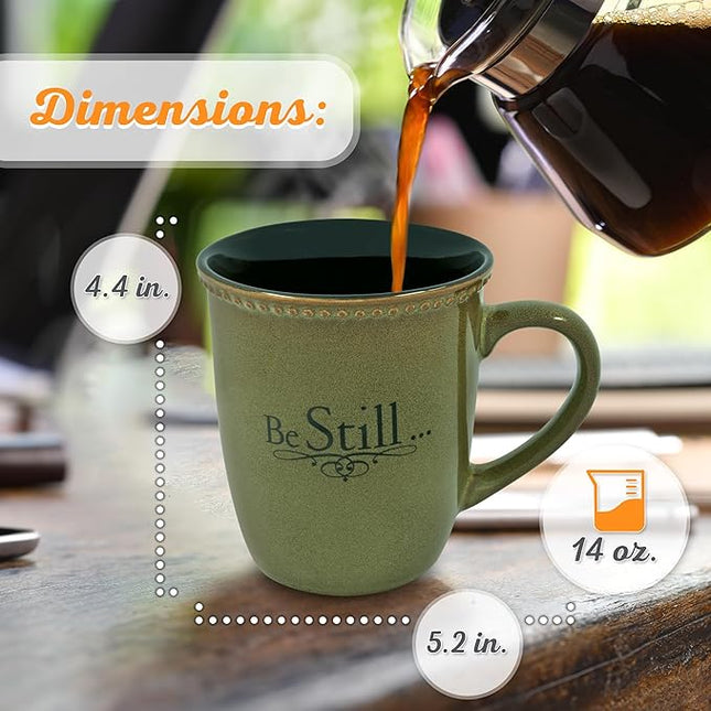 Christian Art Gifts Sage Green Stoneware Coffee Mug – 13 oz. Microwave and Dishwasher-safe Lead-free Inspirational Scripture Coffee and Tea Mug for Men & Women with Bible Verse: Be Still – Psalm 46:10