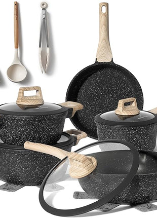 JUST PERFECTO Kitchen Pots and Pans Set with Lids Non Stick Induction Cookware Set Nonstick Frying Pans Set 14 Pcs Healthy Cooking Pots without PTFE and PFOA – Gray