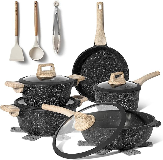 JUST PERFECTO Kitchen Pots and Pans Set with Lids Non Stick Induction Cookware Set Nonstick Frying Pans Set 14 Pcs Healthy Cooking Pots without PTFE and PFOA – Gray