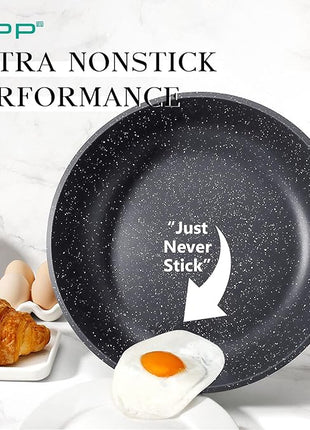 GiPP Non Stick Frying Pan Set - 8" 9.5" 11" Granite Nonstick Skillets, Non Toxic, Omelette Pan with Stay Cool Handle, Induction Compatible, PFAS/PTFE/PFOA Free, Grey