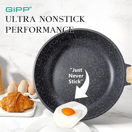 GiPP Nonstick Frying Pan Skillet - 8" Grey Granite Non Stick Pans, Omelette Pan with Heat-Resistant Handle, Compatible with All Stovetops, PFOA Free