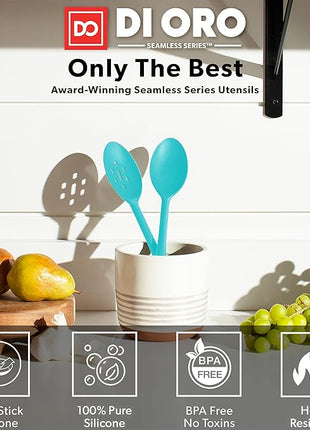 DI ORO Silicone Cooking Spoons - Large Mixing, Serving & Stirring - 600F Heat-Resistant Non-Stick - Big Solid & Slotted Basting Spoons - Dishwasher Safe (2pc, Teal)