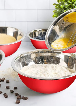 WHYSKO Meal Prep Stainless Steel Mixing Bowls Set, Home, Refrigerator, and Kitchen Food Storage Organizers | Ecofriendly, Reusable, Heavy Duty (Red)