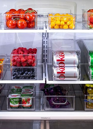 Munfix Set Of 16 Refrigerator Organizer Bins - Plastic Pantry Organization and Storage Baskets - Stackable Food Fridge Organizers with Cutout Handles for Freezer, Kitchen, Countertops, Cabinets