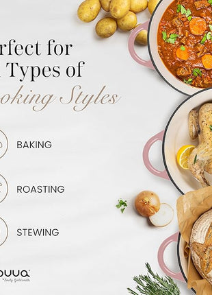 Nuovva Enamelled Cast Iron Dutch Oven Pot with Lid 6.4 Quart Non Stick Casserole Pot – Heavy Duty & Oven Safe up to 500° F for Bread Baking, Braising, Stews, Roasting – 28cm Pink