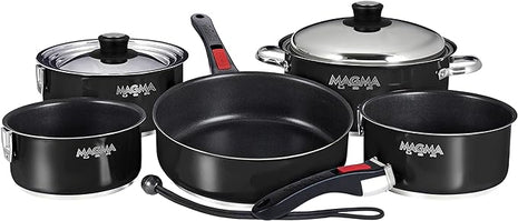 Magma 10 Piece Gourmet Nesting Stainless Steel Cookware Set with Ceramica Non-Stick, Induction Compatible, Oven Safe to 500°F - Suitable for All Stovetops, Removable Handles, Jet Black