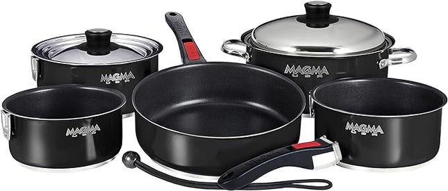 Magma 10 Piece Gourmet Nesting Stainless Steel Cookware Set with Ceramica Non-Stick, Induction Compatible, Oven Safe to 500°F - Suitable for All Stovetops, Removable Handles, Jet Black
