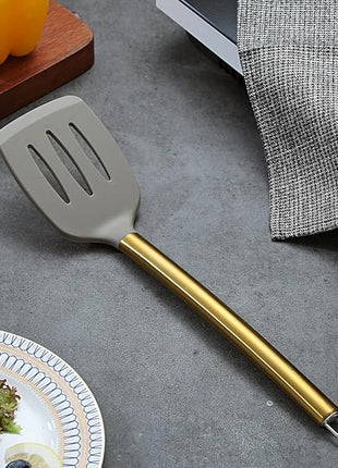 Berglander Non-stick Silicone Slotted Turner with Titanium Gold Plated Handle for Cooking, Dishwasher Safe, Easy to Clean