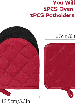 Oven Mitts and Pot Holders Set, Pack of 4, Heat Resistant Silicone Kitchen Mini Oven Mittens for 500 Degrees, Mini Oven Gloves and Hot Pads for Baking Grilling Barbecue Microwave Machine Washable