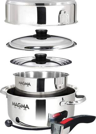 Magma 7 Piece Gourmet Nesting Stainless Steel Cookware Set with Ceramica Non-Stick, Induction Compatible, Oven Safe to 500°F - Suitable for All Stovetops, Removable Handles, Stainless Steel