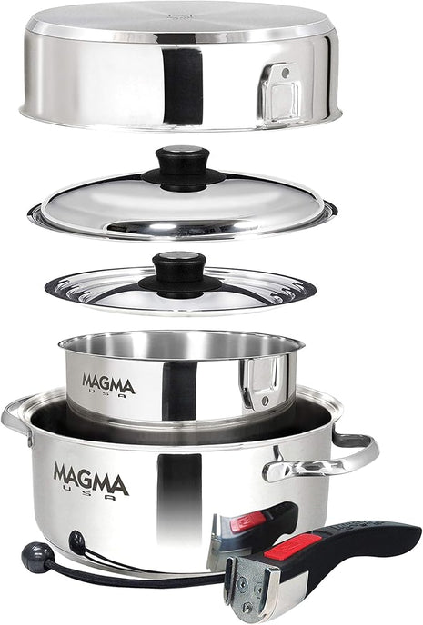 Magma 7 Piece Gourmet Nesting Stainless Steel Cookware Set with Ceramica Non-Stick, Induction Compatible, Oven Safe to 500°F - Suitable for All Stovetops, Removable Handles, Stainless Steel