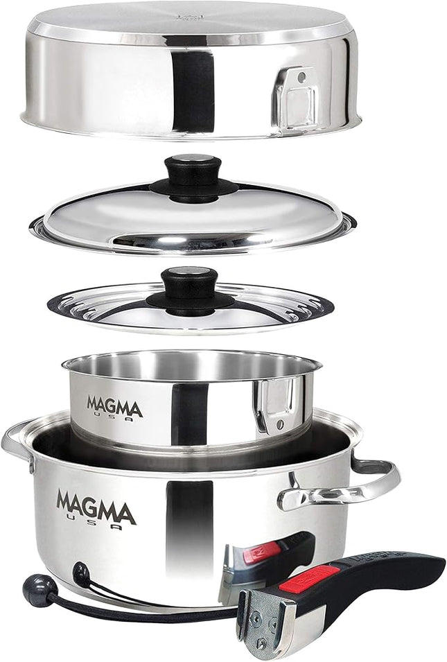 Magma 7 Piece Gourmet Nesting Stainless Steel Cookware Set with Ceramica Non-Stick, Induction Compatible, Oven Safe to 500°F - Suitable for All Stovetops, Removable Handles, Stainless Steel