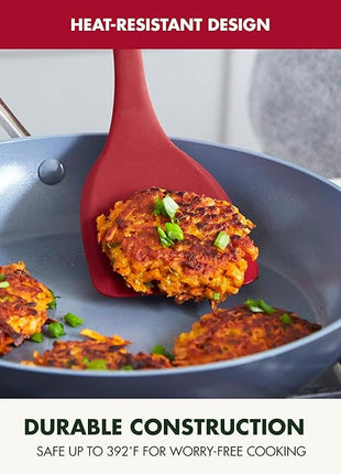 GreenPan Silicone Solid Turner Spatula, Flipping Cooking Kitchen Utensil, Flexible Rubber Nonstick Cookware, Rigid Steel Core, Heat-Resistant, Anti-Slip Handle, BPA-Free, Dishwasher Safe, Red