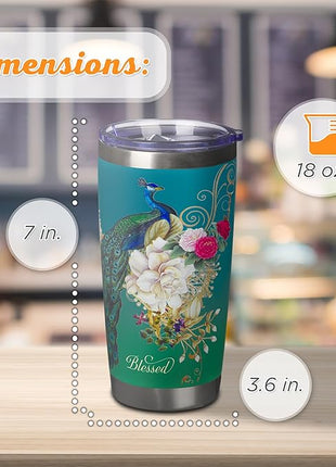 Christian Art Gifts Stainless Steel Double Wall Vacuum Insulated Tumbler 18 oz Peacock Teal Travel Mug with Retractable Lid Inspirational Bible Verse for Women - Blessed Faith -Jeremiah 17:7