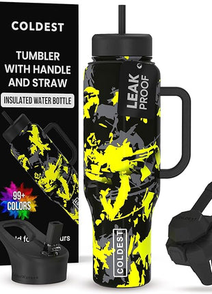 Coldest Tumbler with Handle and Straw - 100% Leak Proof Insulated Tumbler with Lid and Straw (3 Lids) - Stainless Steel Tumblers for Women & Men - Cup Holder Friendly Base, 46 oz (Off Road)