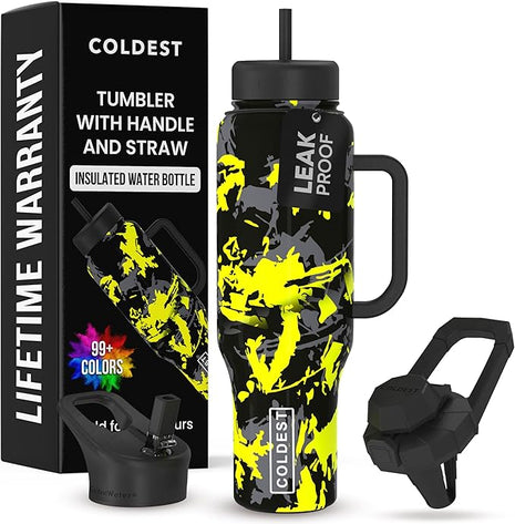 Coldest Tumbler with Handle and Straw - 100% Leak Proof Insulated Tumbler with Lid and Straw (3 Lids) - Stainless Steel Tumblers for Women & Men - Cup Holder Friendly Base, 46 oz (Off Road)