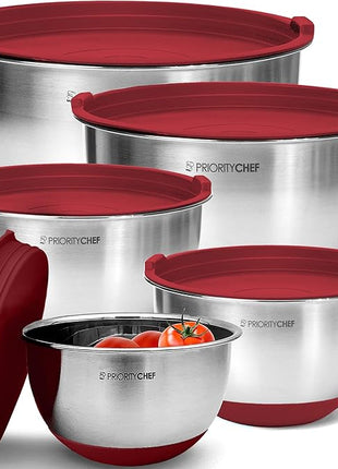 Priority Chef Premium Mixing Bowls With Airtight Lids Set, Thicker Stainless Steel Mixing Bowl Set, Large Prep Metal Bowls with Lids, Nesting Bowls for Kitchen, 1.5/2/3/4/5 Qrt, Red
