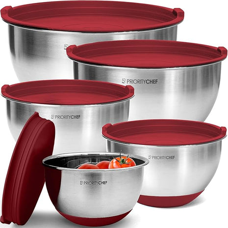 Priority Chef Premium Mixing Bowls With Airtight Lids Set, Thicker Stainless Steel Mixing Bowl Set, Large Prep Metal Bowls with Lids, Nesting Bowls for Kitchen, 1.5/2/3/4/5 Qrt, Red