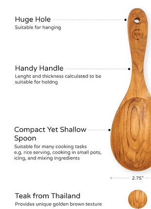 FAAY 9” Rice Paddle, Serving Spoon, Versatile Cooking Spoon – Handcraft from High Moist Resistance Golden Teak Wood | Durable, Healthy, Ergonomic Handle for Non Stick Cookware