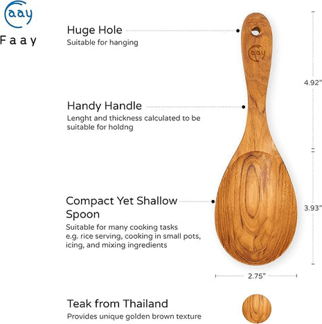 FAAY 9” Rice Paddle, Serving Spoon, Versatile Cooking Spoon – Handcraft from High Moist Resistance Golden Teak Wood | Durable, Healthy, Ergonomic Handle for Non Stick Cookware