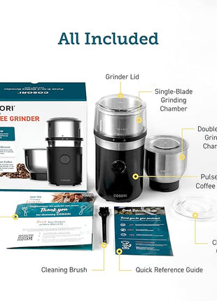 COSORI Electric Coffee Grinders for Spices, Seeds, Herbs, and Coffee Beans, Spice Blender and Espresso Grinder, Wet and Dry Grinder, Included 2 Removable Stainless Steel Bowls, Black
