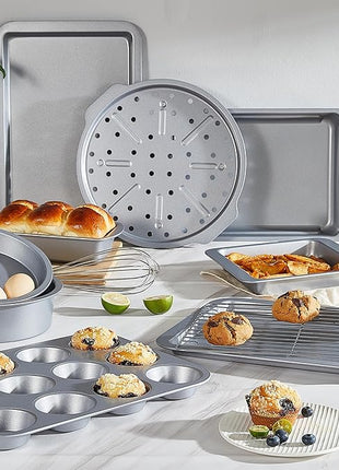HONGBAKE Bakeware Sets, Baking Pans Set, Nonstick Oven Pan for Kitchen with Wider Grips, 10-Piece Including Rack, Cookie Sheet, Cake Pans, Loaf Pan, Muffin Pan, Pizza Pan - Sliver
