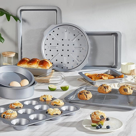 HONGBAKE Bakeware Sets, Baking Pans Set, Nonstick Oven Pan for Kitchen with Wider Grips, 10-Piece Including Rack, Cookie Sheet, Cake Pans, Loaf Pan, Muffin Pan, Pizza Pan - Sliver