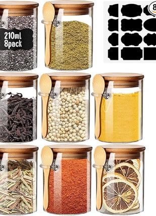 Spice Jars with Label 7oz Glass Storage Containers with Lids and Spoon Small Glass Jars for Overnight Oats Cereal Containers Storage Meal Prep Jars for Sugar Yogurt Chia Pudding Salt Candy 8pcs