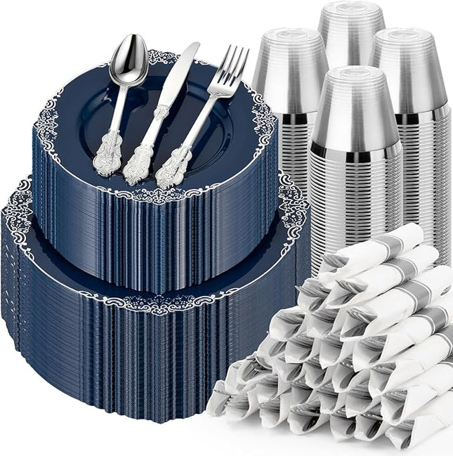 700PCS Navy Blue Plates for 100 Guests, Disposable Dinnerware Sets Include 100 Plastic Plates, 100 Silverwares, 100 Cups, and 100 Pre Rolled Napkins for Party, Wedding and Graduation