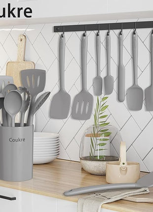 Coukre Silicone Kitchen Cooking Utensils Set with Holder – Heat-Resistant, Food-Grade Kitchen Tools, Spatula, Spoon & Gadgets for Non-Stick Pans, Dishwasher Safe (14, PureGray)