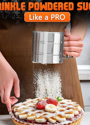 Flour Sifter for Baking – 3 Cup Flour Sifter Stainless Steel with Dual-Blade, Ergonomic Handle, Reinforced Base, Rust-Resistant and Easy to Wash – For Powdered Sugar, Cocoa, and Daily Baking Tasks