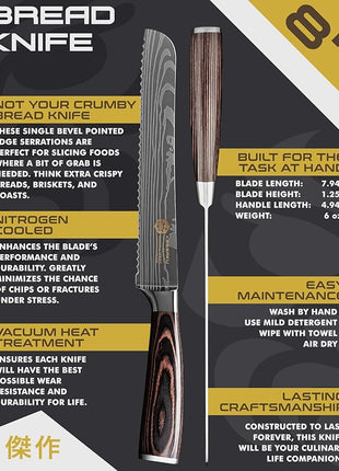 KESSAKU Serrated Bread Knife - 8 inch - Samurai Series - Razor Sharp Kitchen Knife - Forged 7Cr17MoV High Carbon Stainless Steel - Wood Handle with Blade Guard