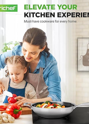 NutriChef 12" Stainless Steel Wok - Induction ready, Non Stick Tri-ply technology, Scratch-resistant Honeycomb Fire Textured Pattern